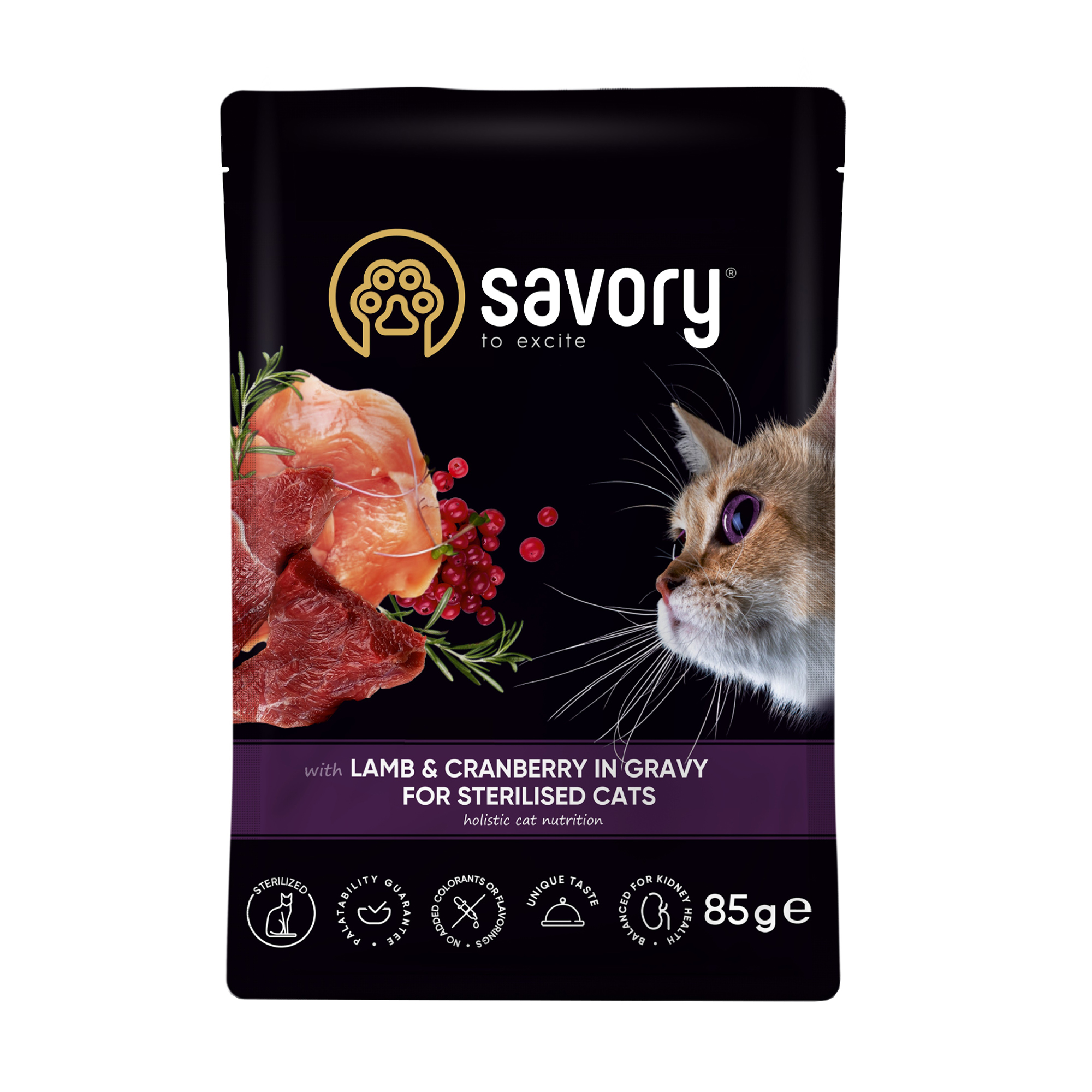 Вологий корм для стерилізованих кішок всіх порід Savory For Sterilised Cats в соусі, ягня з журавлиною, 85 г